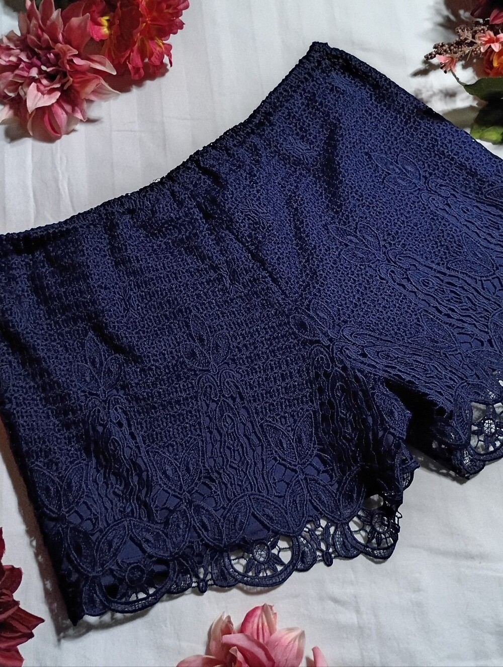 Dark Navy Crochet Lace Shorts with Scalloped Hem